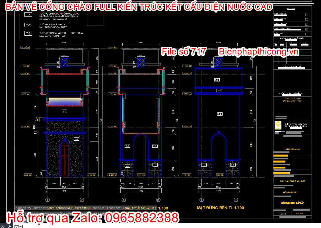 Bản vẽ mặt cắt cổng chào rộng 21m cao 12m.