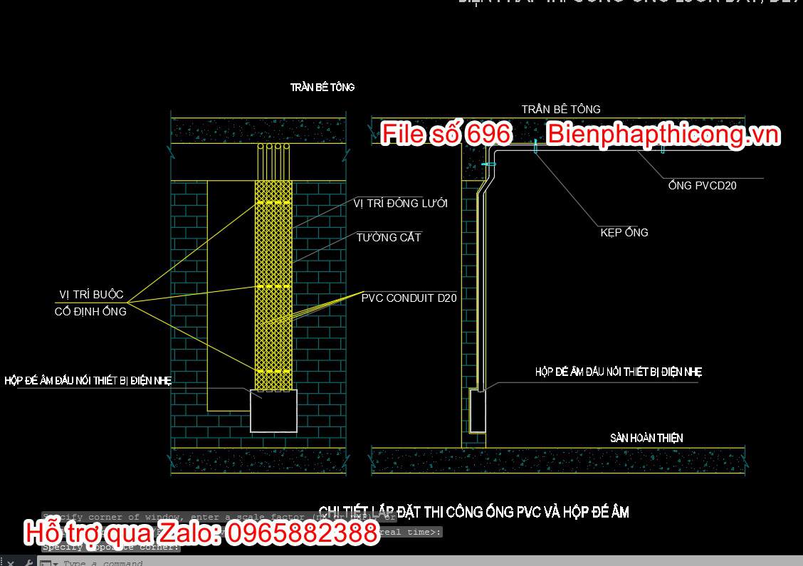 Chi tiết lắp đặt thi công ống pvc và hộp đế ấm.