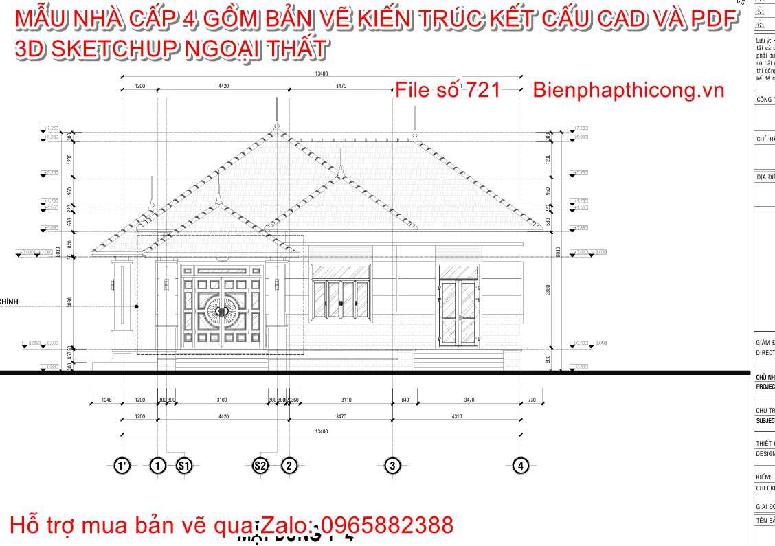 Hồ sơ thi công nhà cấp 4 file cad và pdf đẹp.