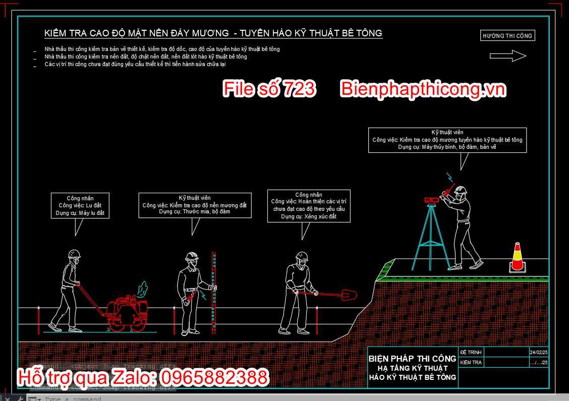Kiểm tra cao độ mặt nền đáy mương tuyến hào kỹ thuật bê tông.