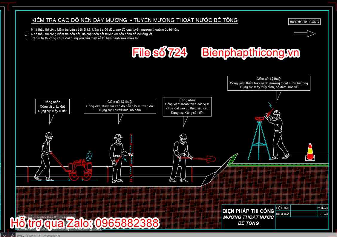 Kiểm tra cao độ nền đáy mương tuyến mương thoát nước bê tông.