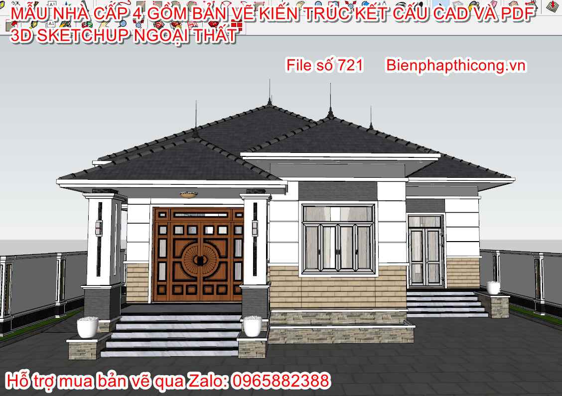 3D sketchup ngoại thất nhà cấp 4 mái nhật đẹp.