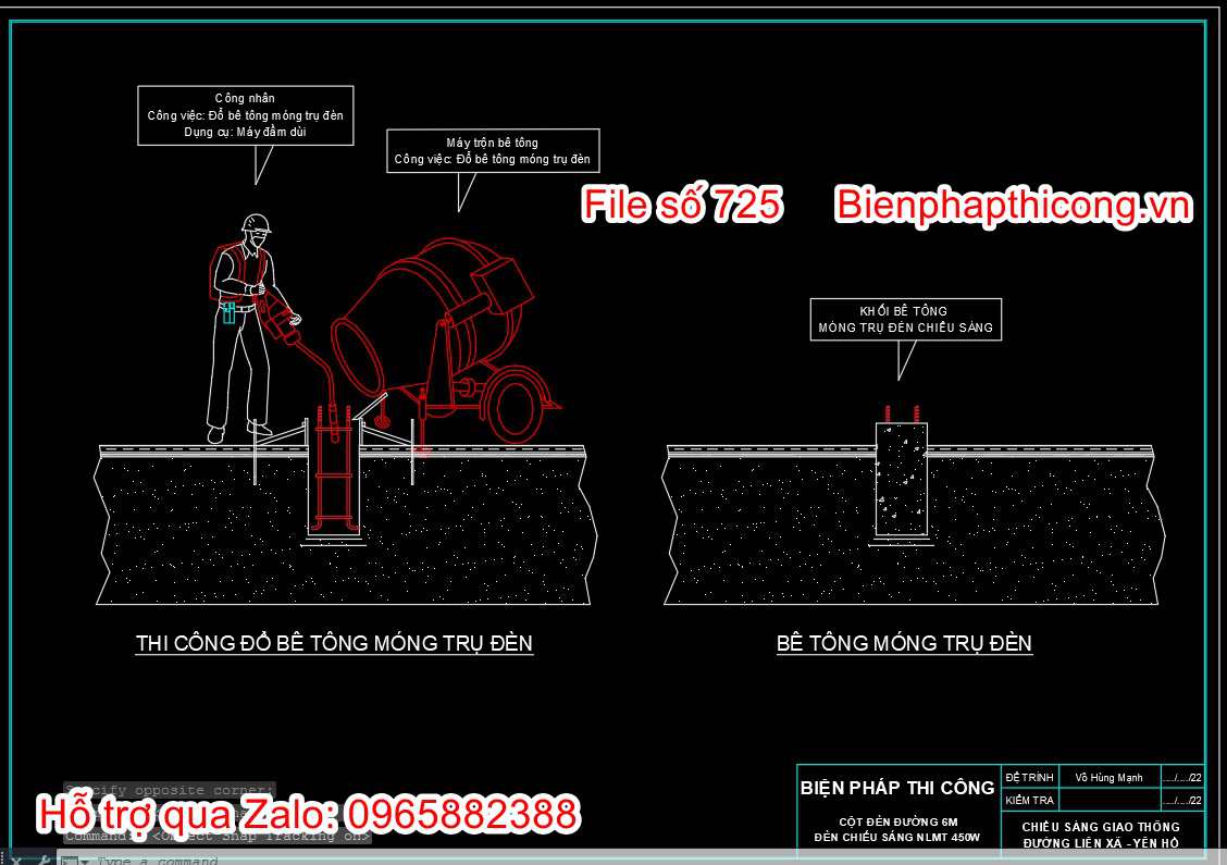 Bản vẽ bptc đổ bê tông móng trụ đèn cad.