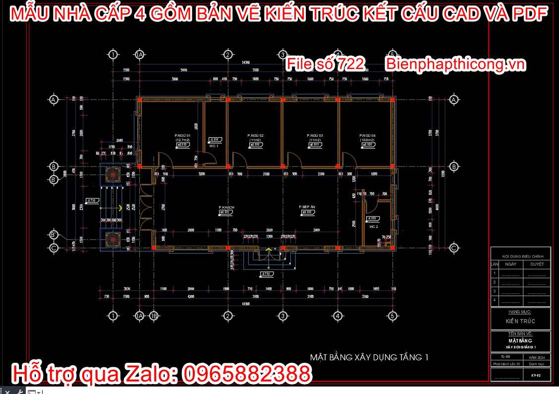 Hồ sơ thi công nhà cấp 4 3 ngủ 130m2 đẹp.