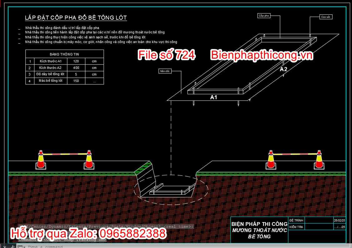Lắp đặt coppha đổ bê tông lót mương thoát nước.