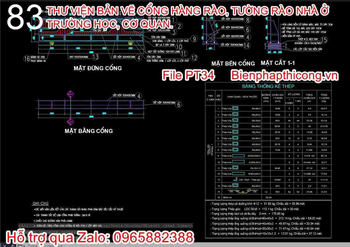 Thiết kế chi tiết cổng lùa kèm bảng thống kê.