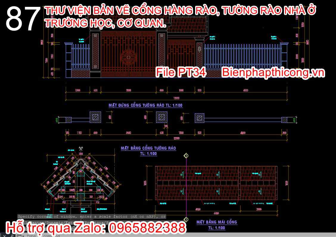 Bản vẽ thiết kế cổng tường rào biệt thự mái thái.