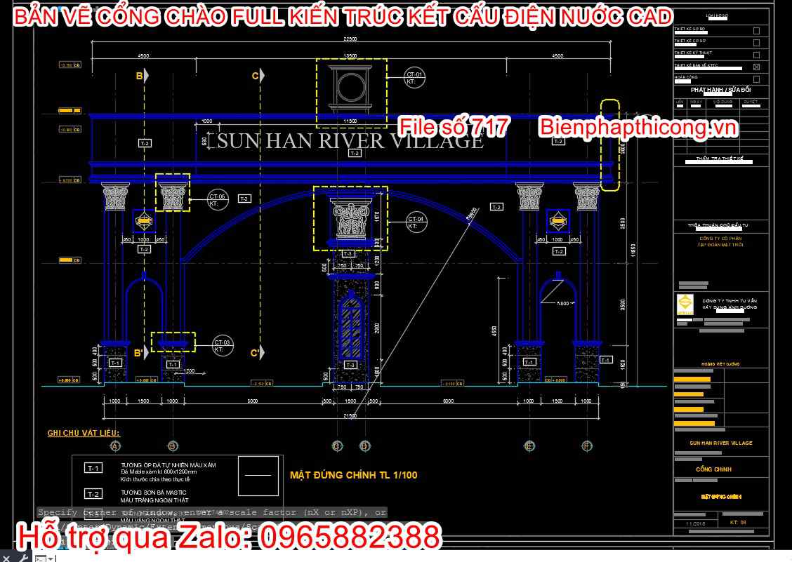 Bản vẽ mặt đứng cổng chào tân cổ full cad.