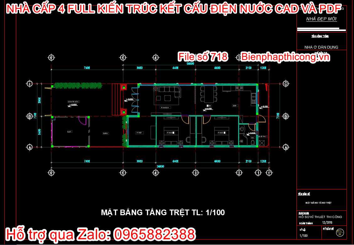 File pdf bản vẽ nhà cấp 4 2 ngủ 7m x 15m.