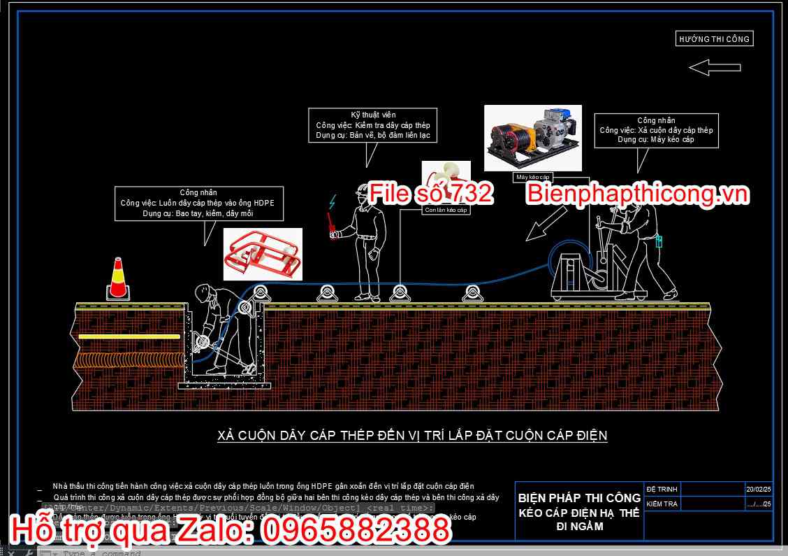 Biện pháp xả cuộn dây cáp thép đến vị tró lắp đặt cuộn cáp điện.