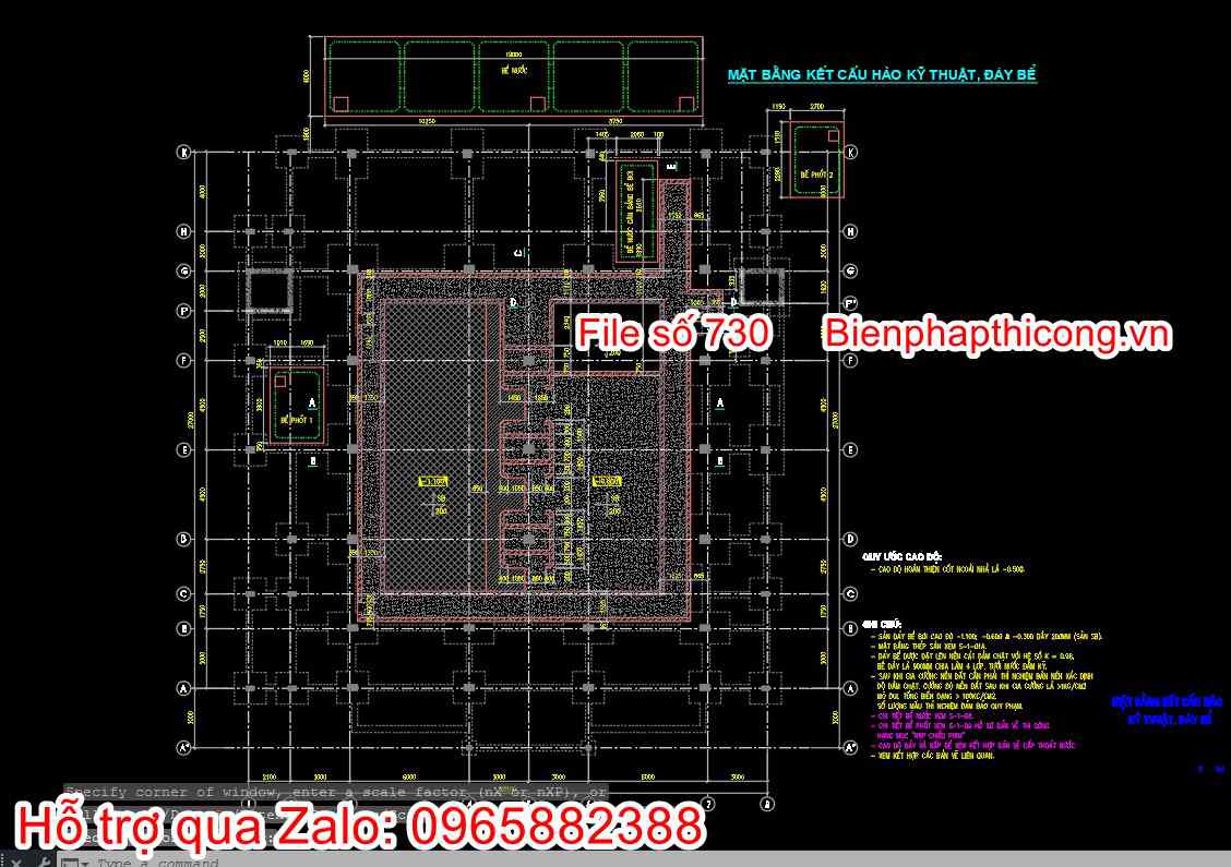 Mặt bằng kết cấu hào kỹ thuật đáy bể cad.