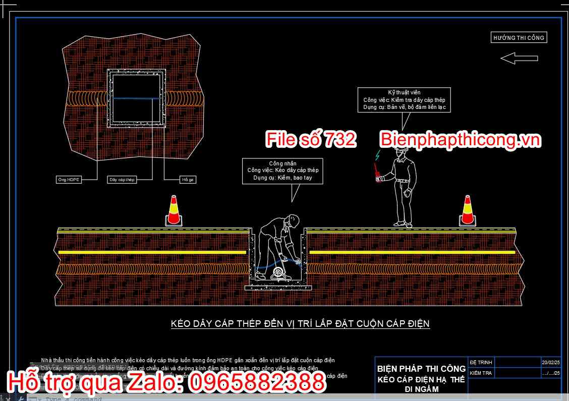 Kéo dây cáp thép đến vị trí lắp đặt cuộn cáp điện.