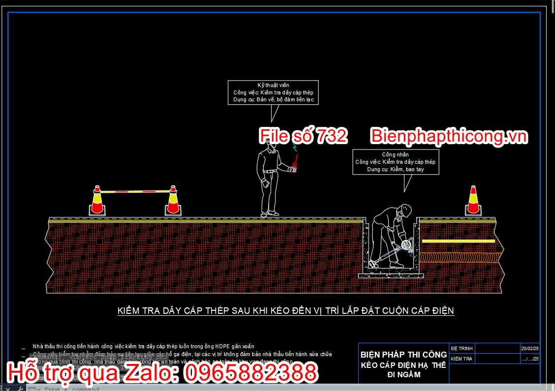 Kiểm tra dây cáp thép sau khi kéo đến vị trí lắp đặt cuộn cáp điện