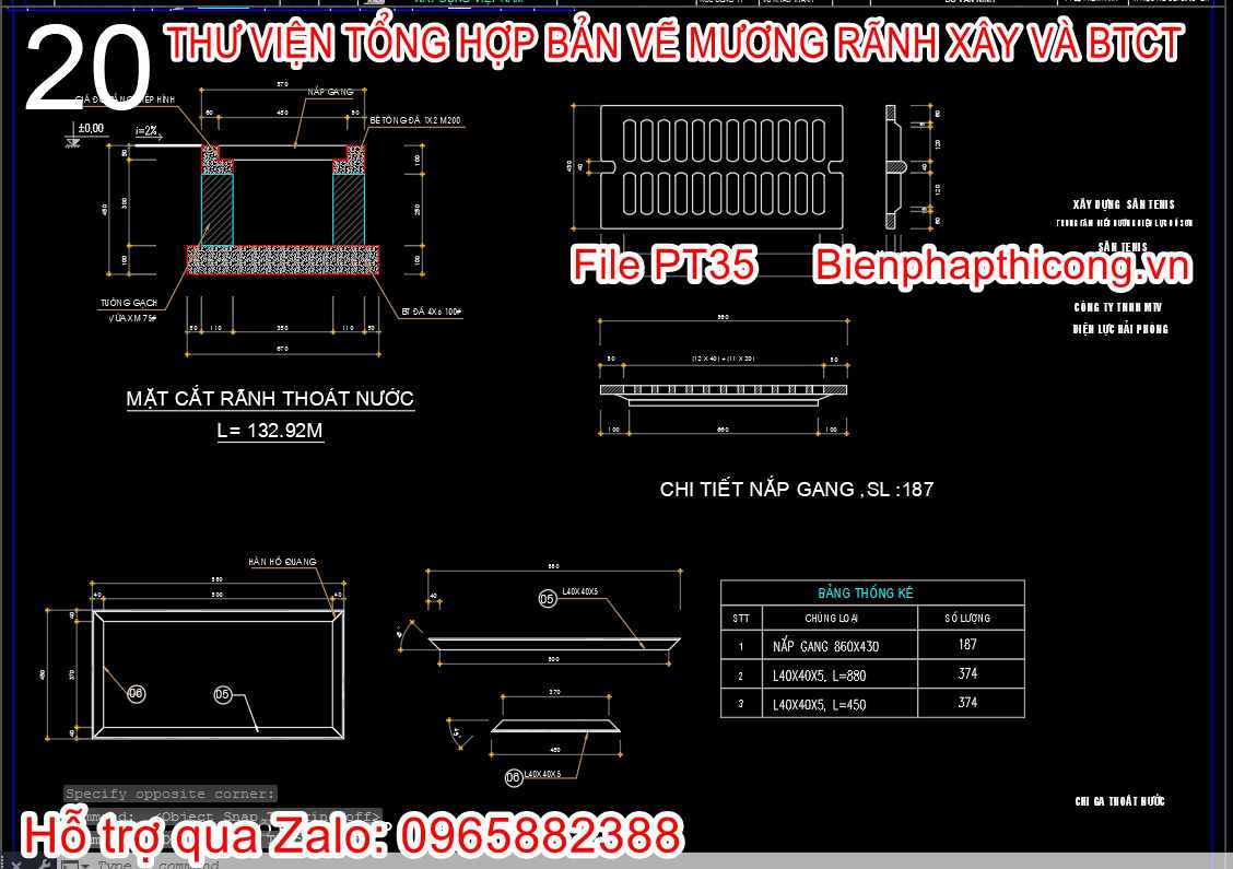 Bản vẽ cad thiết kế rãnh thoát nước xây gạch.