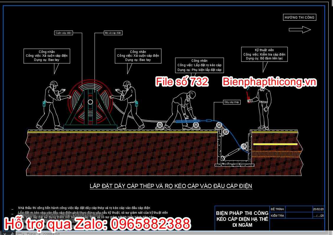 Lắp đặt dây cáp thép và rọ kéo cáp vào đầu cáp điện.