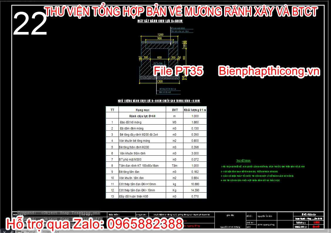 Bản vẽ thiết kế rãnh chịu lực B=60cm.