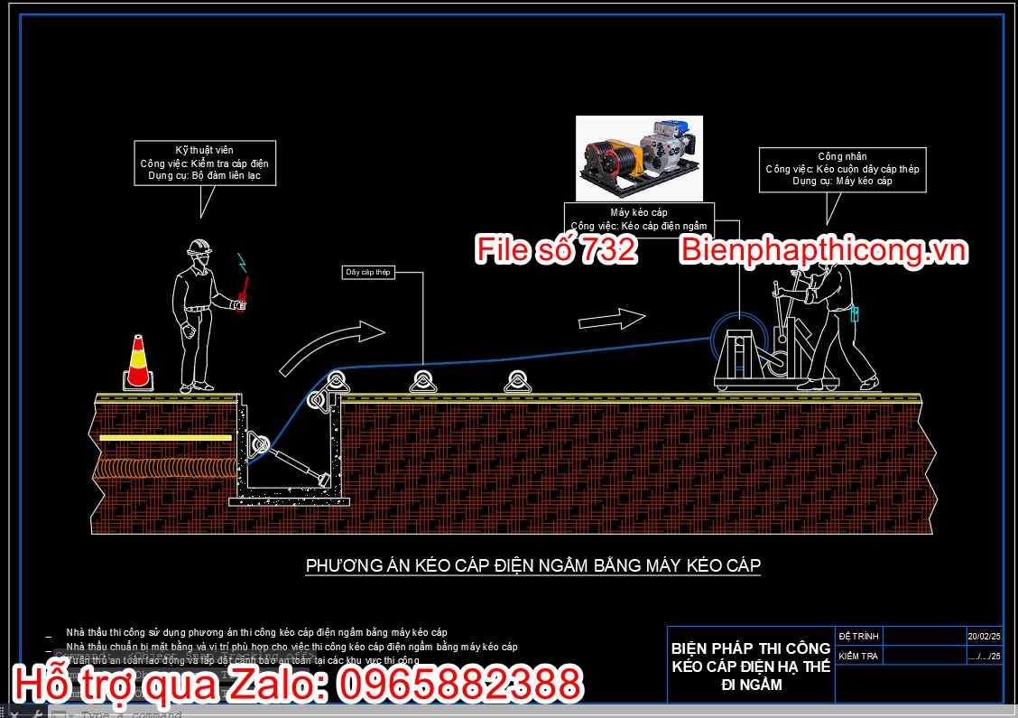 Phương án kéo cáp điện ngầm bằng máy kéo cáp.