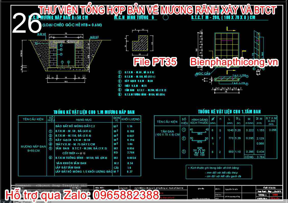 Bản vẽ thiết kế mương nắp đan B=50cm.