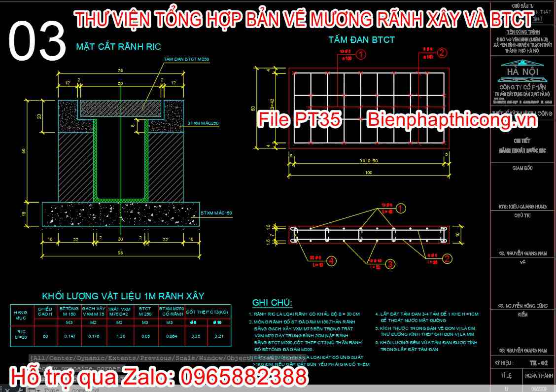 Bản vẽ thiết kế rãnh xây Ric tấm đan BTCT cad.