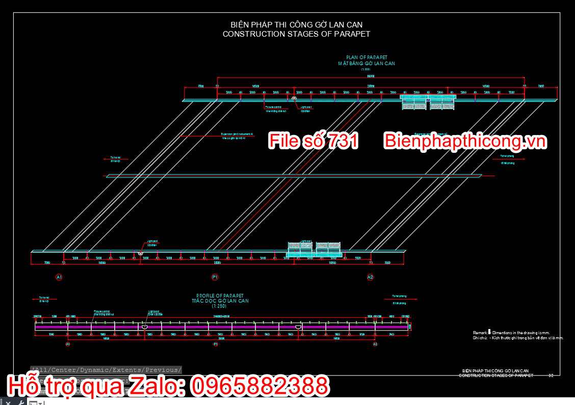 Bố trí chung xe đúc thi công gờ lan can.