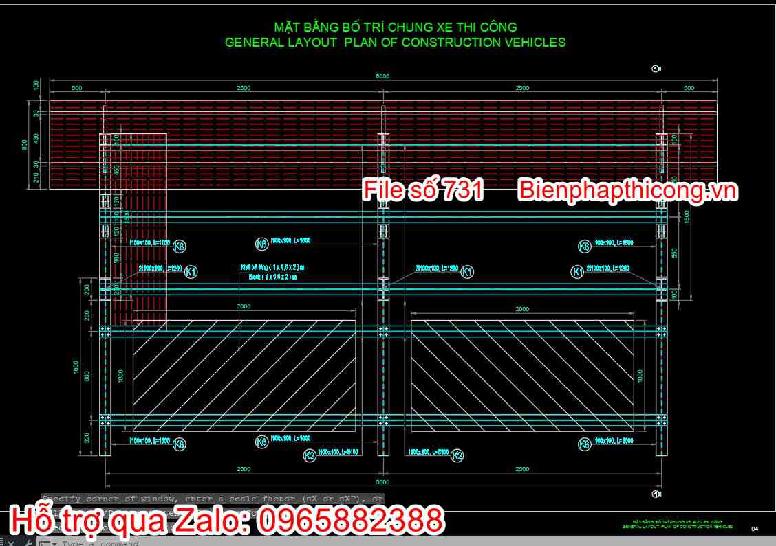 Mặt bằng bố trí chung xe thi công.