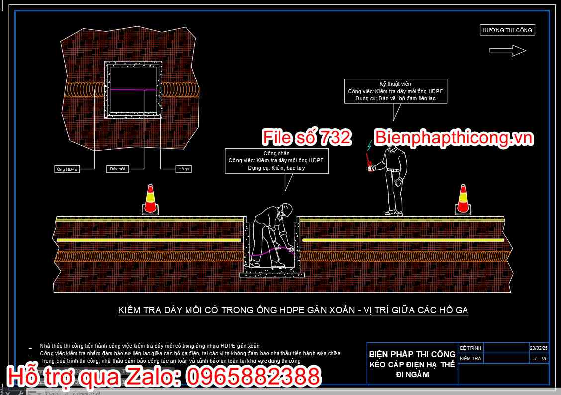 Kiểm tra dây mồi có trong ống hdpe gân xoắn.
