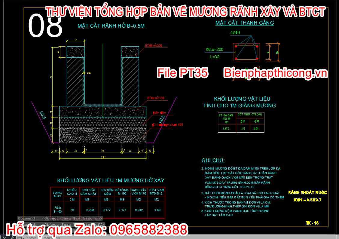 Bản vẽ cad thiết kế rãnh hở b=0,5m xây.