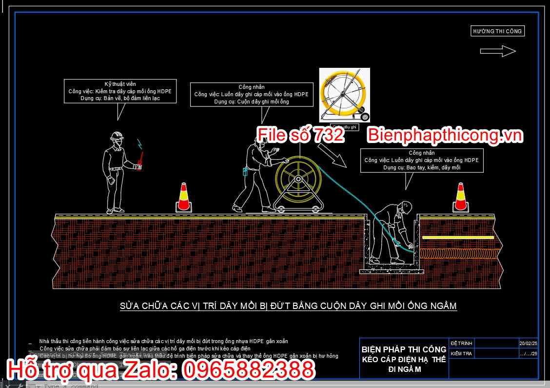 Sửa chữa các vị trí dây mồi bị đứt bằng cuộn dây ghi mồi ống ngầm.