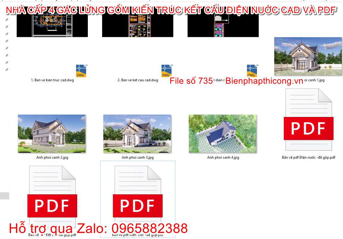 File cad thiết kế nhà cấp 4 gác lửng 5,5m x 15m mái thái 3 ngủ.