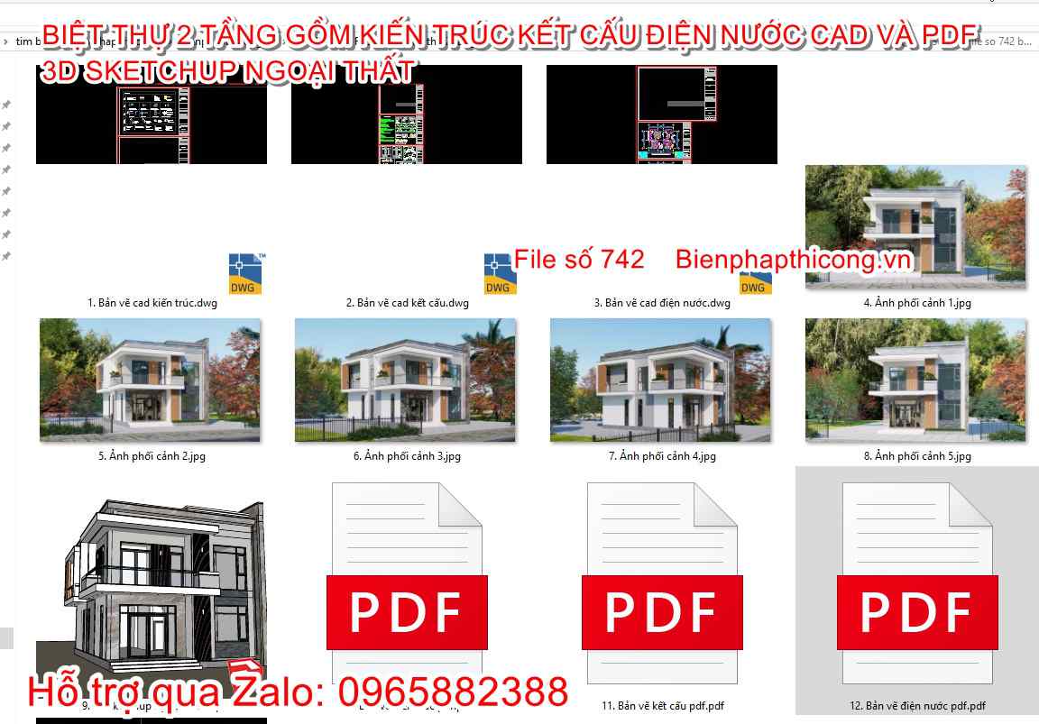 Hồ sơ bản vẽ cad biệt thự 2 tầng hiện đại 9m x 12,5m.