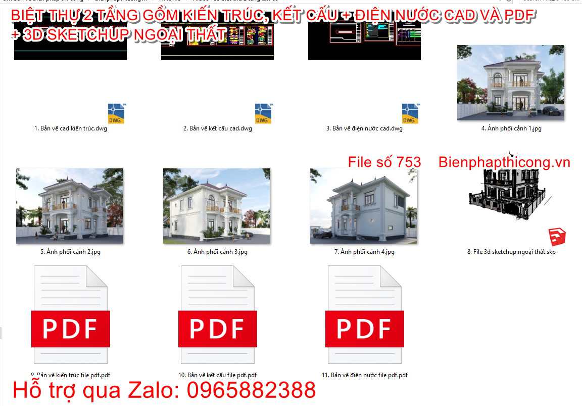 Tải hồ sơ bản vẽ biệt thự 2 tầng 8,4m x 12m cad pdf full.