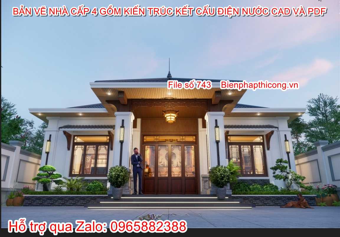 Hstk bản vẽ nhà cấp 4 mái thái 12m x 12,5m 2 ngủ.