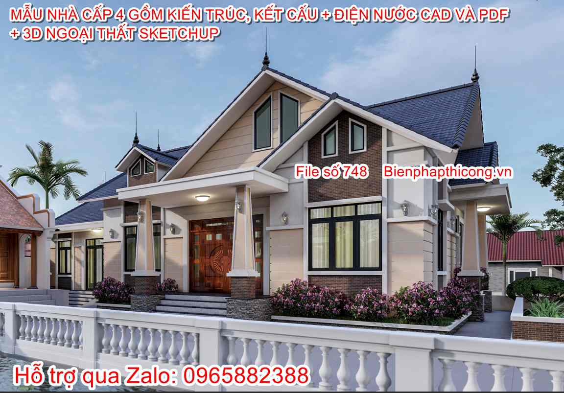 Mẫu nhà 1 tầng mái thái 18m x 13m 200m2 4 ngủ.