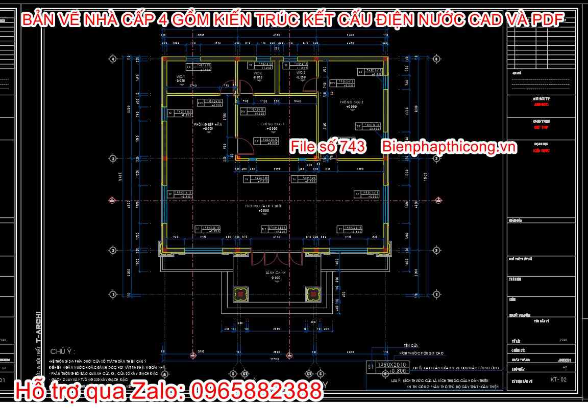 Bản vẽ cad nhà cấp 4 mái nhật 2 ngủ đẹp.