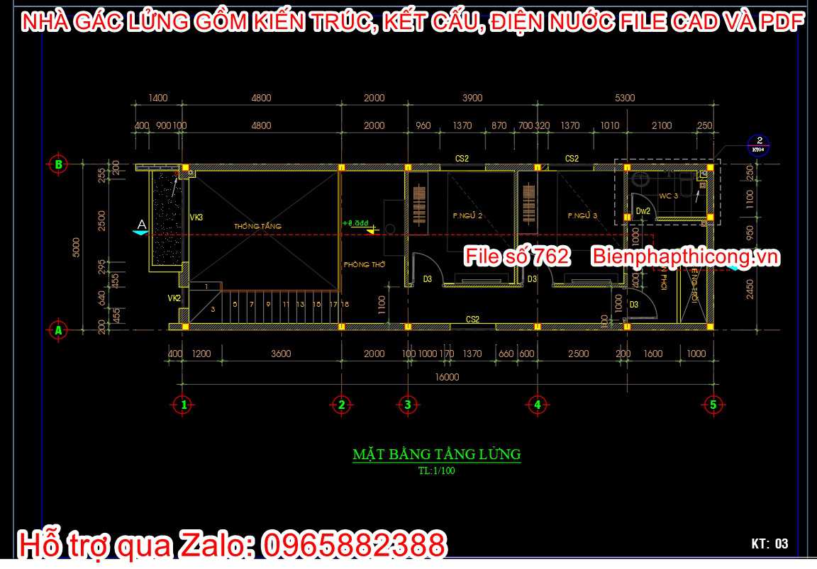 File autocad bản vẽ nhà gác lửng 3 ngủ 80m2 đẹp.