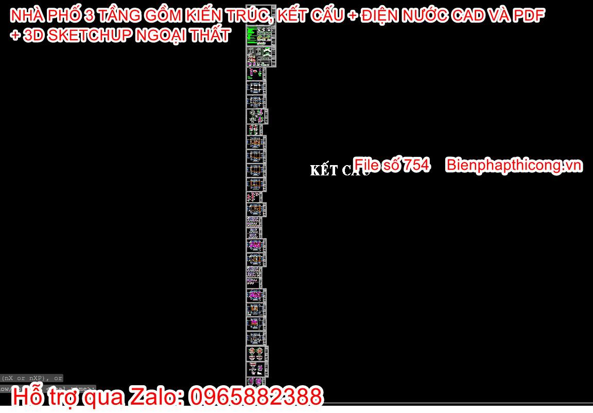 File cad thiết kế phần kết cấu nhà phố 3 tầng 6,5m x 12m.