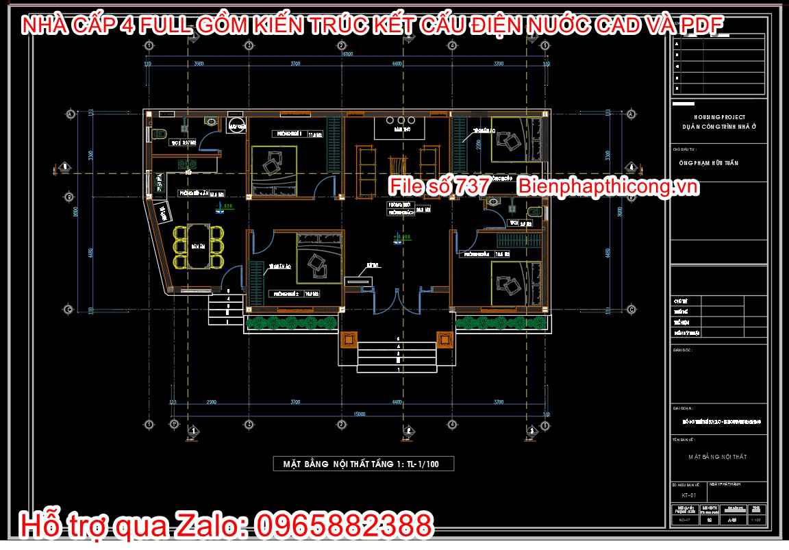 Mặt bằng cad nhà cấp 4 rộng 16m 4 ngủ đẹp.
