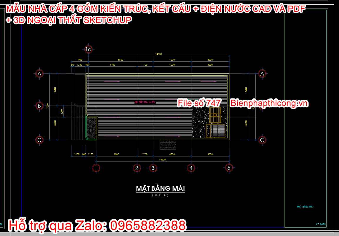 Mặt bằng mái nhà cấp 4 hiện đại kiến trúc kết cấu điện nước.