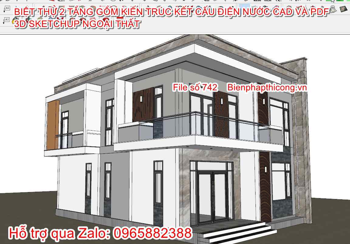 Sketchup biệt thự 2 tầng 9m x 12,5m.