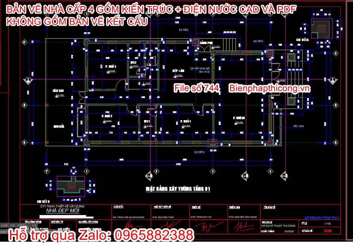 Bản vẽ cad xây tường nhà cấp 4 3 ngủ 110m2.