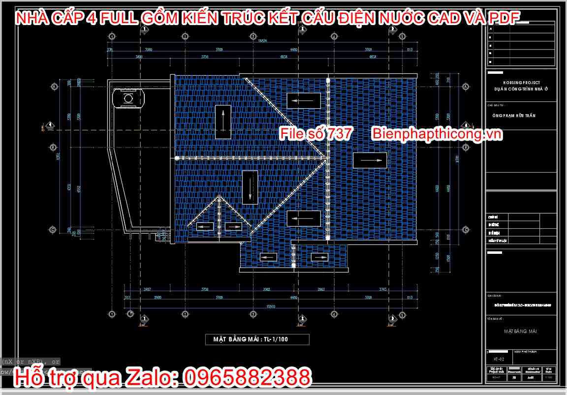 Bản vẽ mặt bằng mái nhà cấp 4 mái thái đẹp.