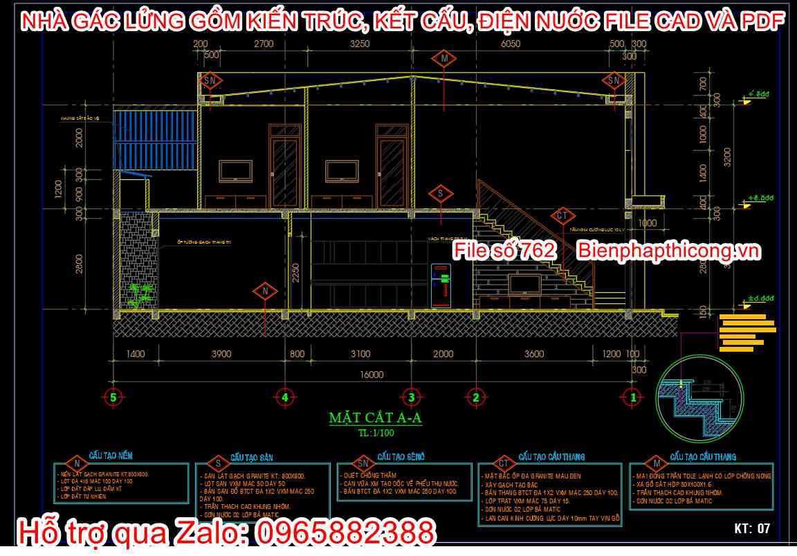 Bản vẽ mặt cắt nhà gác lửng 5m x 16m.