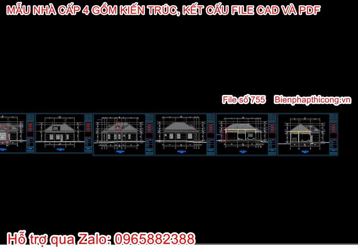 Bản vẽ mặt đứng mặt cắt nhà cấp 4 1 tầng mái nhật đẹp.