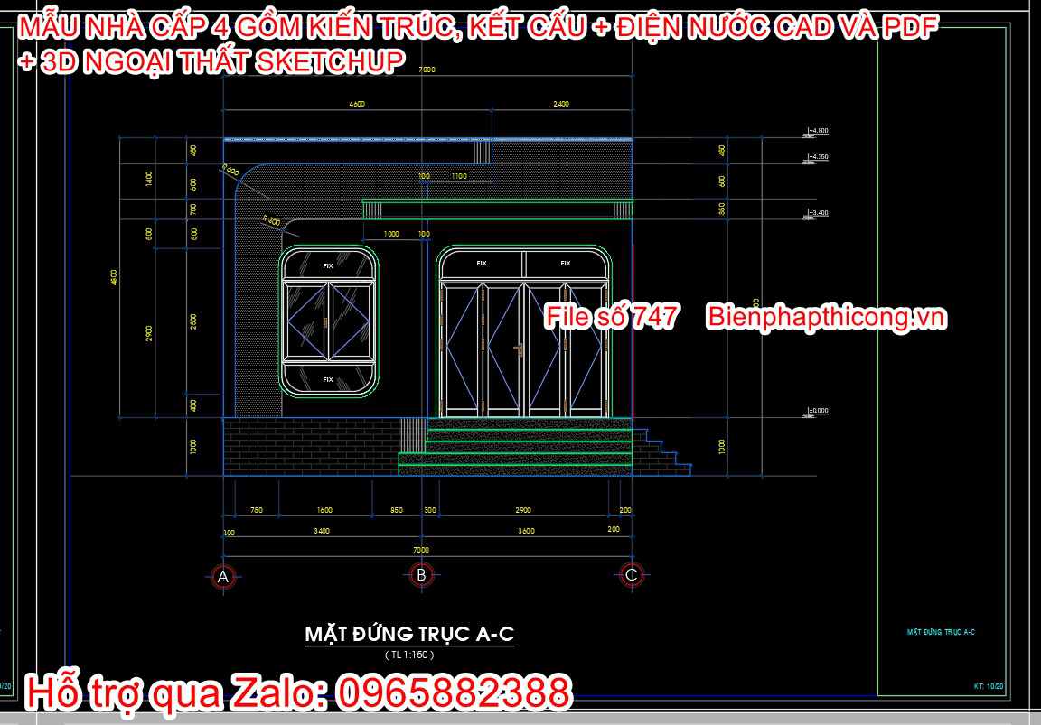 Bản vẽ mặt đứng nhà cấp 4 đẹp 7m x 15m.