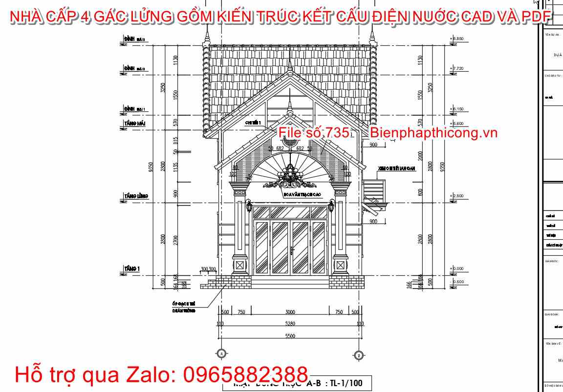 Bản vẽ mặt đứng xây dựng nhà cấp 4 gác lửng 5,5m đẹp.
