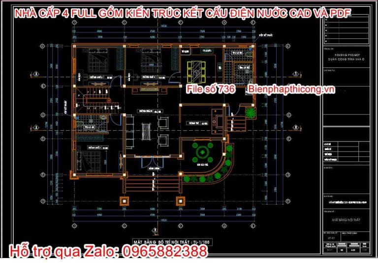 Hồ sơ bản vẽ nhà cấp 4 cad 14,5m x 11m đẹp 3 ngủ 800 triệu
