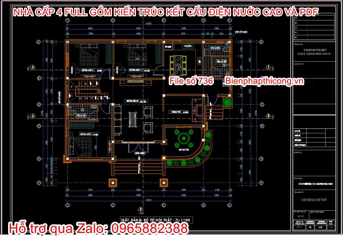 File autocad nhà cấp 4 3 ngủ 14,5m x 11m đẹp.