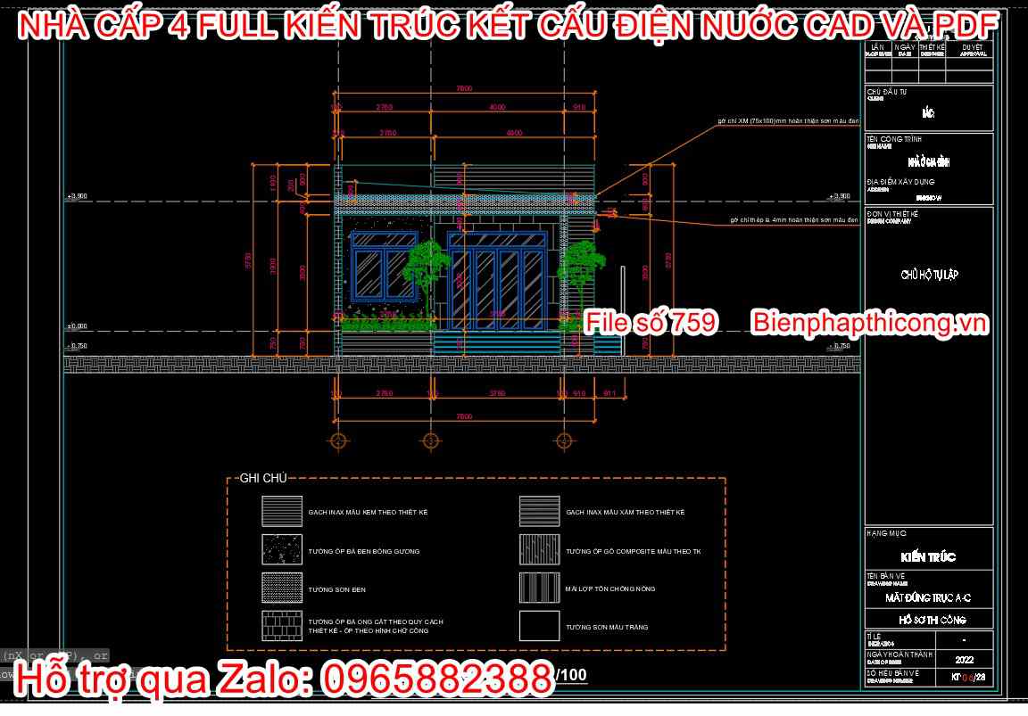 File dwg bản vẽ cad nhà cấp 4 hiện đại 7m x 17m 3 ngủ.