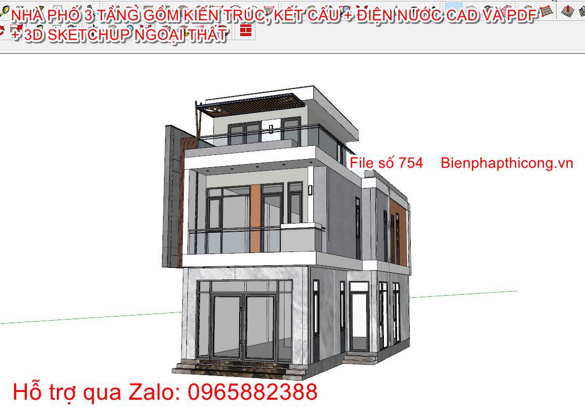 3D sketchup nhà phố 3 tầng 6,5m x 12m đẹp.