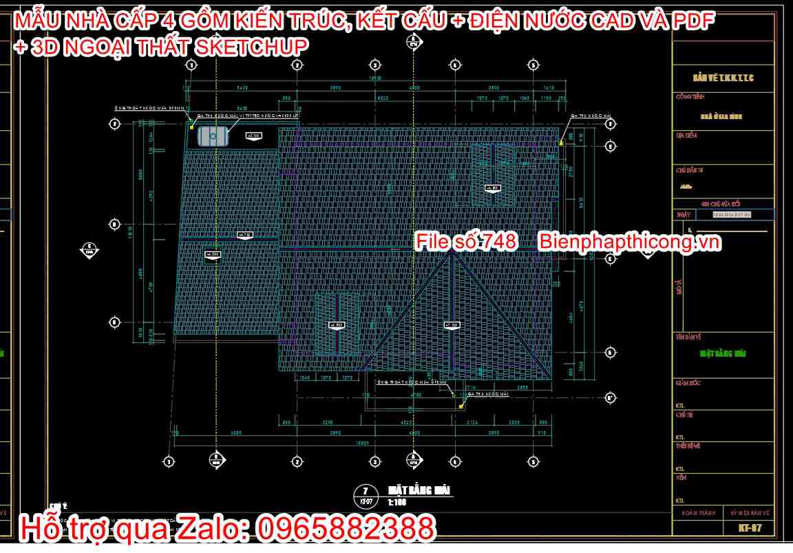 Bản vẽ cad mặt bằng mái nhà cấp 4 mái thái đẹp.